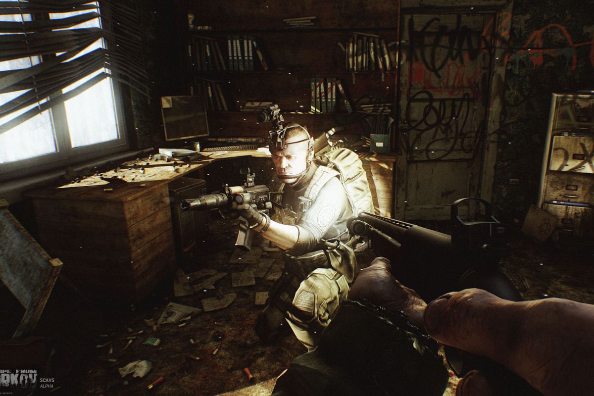A player hunkers down in a filthy room, covered in tactical kit.