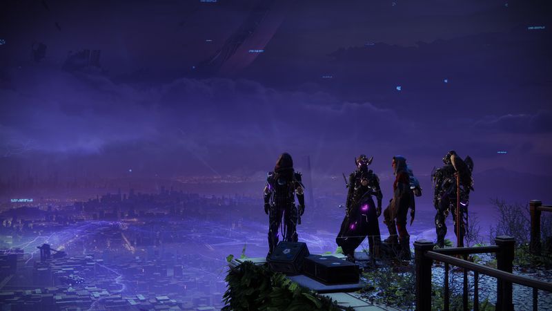 Destiny 2 characters stand on the Tower