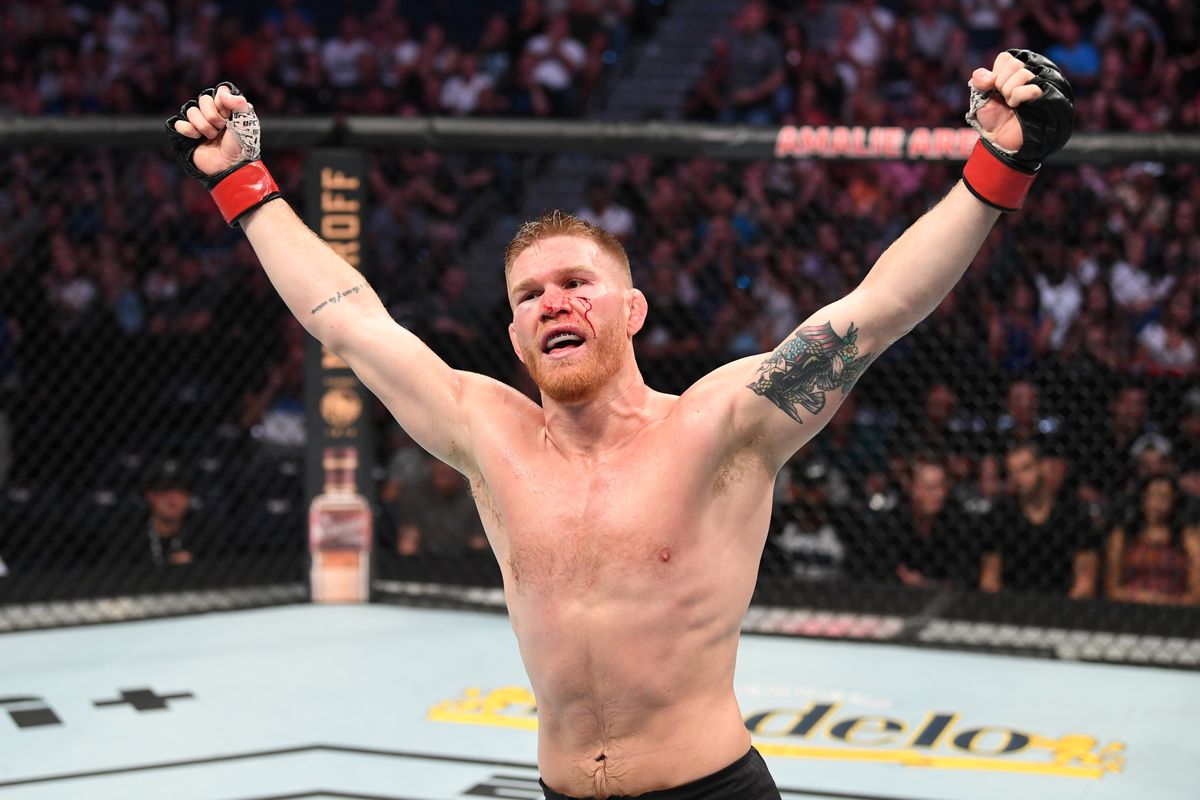 Matt Frevola reacts after the conclusion of his lightweight bout against Luis Pena of Italy during the UFC Fight Night event at Amalie Arena on October 12, 2019 in Tampa, Florida.