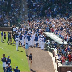 12:00 noon - Cubs players outside the dugout, thanking the fans - 