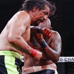 Joey Beltran lands a punch to a bloody Tony Lopez on Saturday night at Bare Knuckle FC inside Cheyenne Ice & Events Center in Wyoming. 