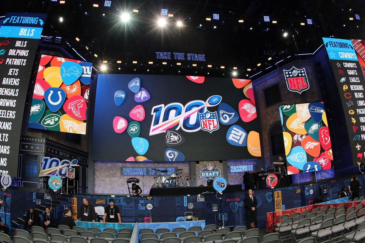 A general view of the draft stage before the first round of the 2019 NFL Draft on April 25, 2019, at the Draft Main Stage on Lower Broadway in downtown Nashville, TN.