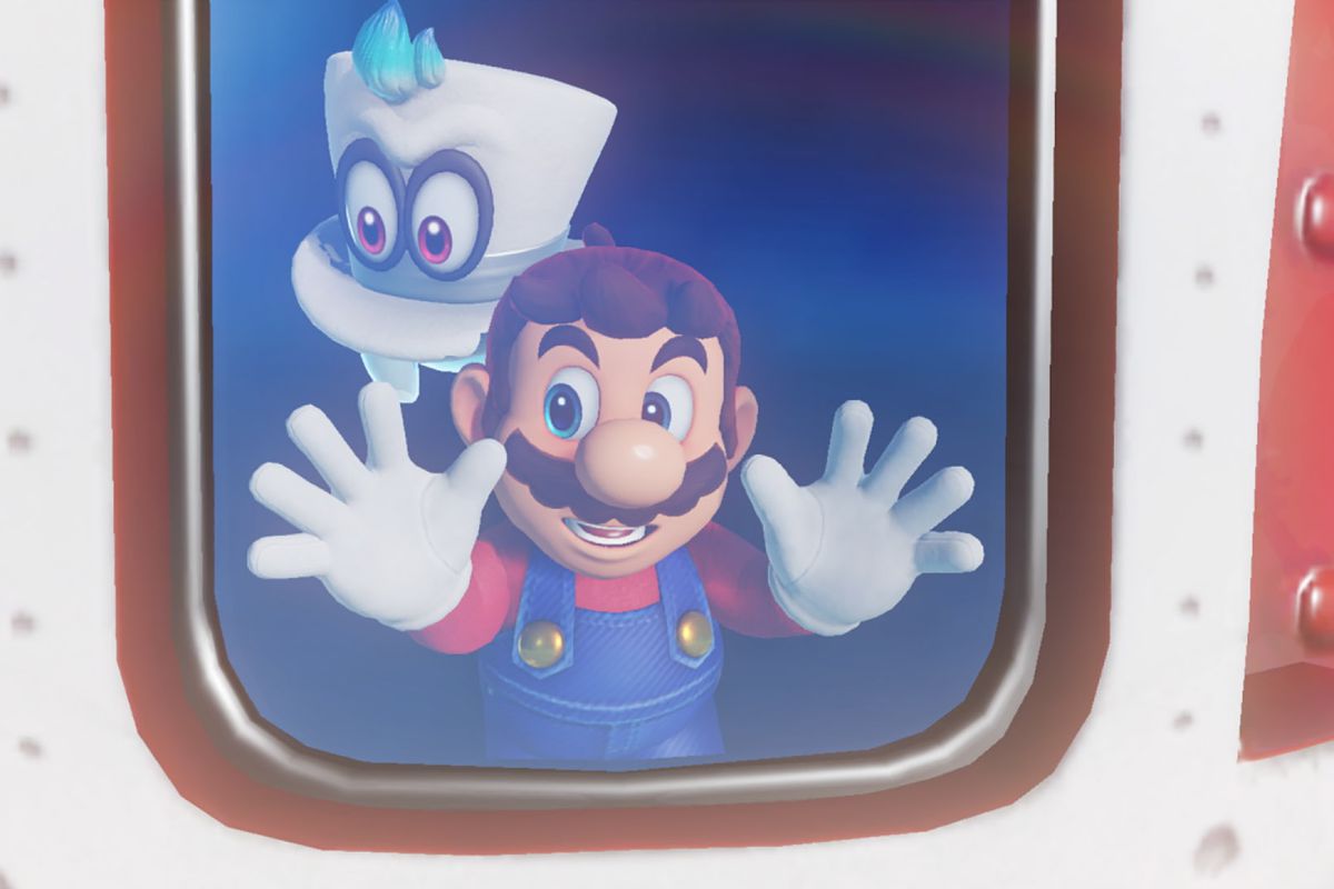 Super Mario Odyssey - Mario and Cappy looking out of a window on the good ship Odyssey