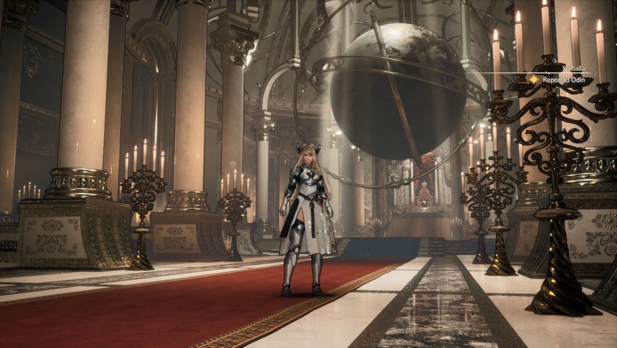 An armored Valkyrie stands in an impressive medieval hall in Valkyrie Elysium
