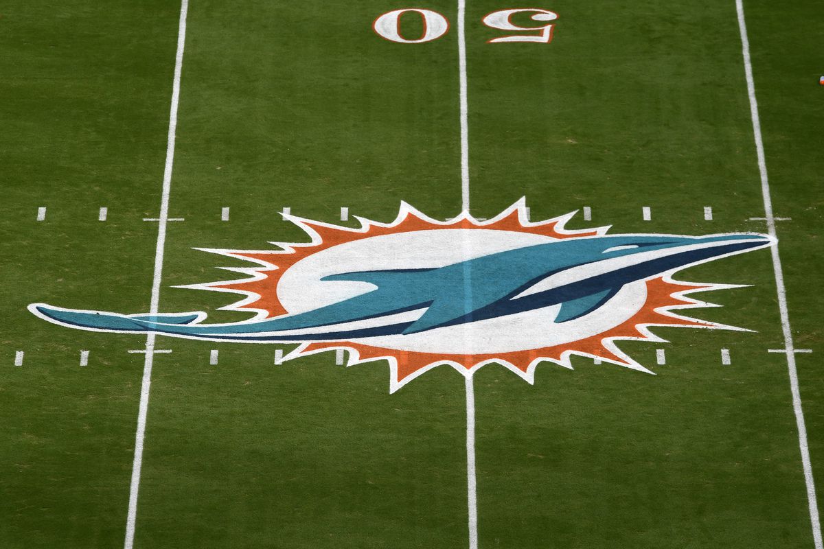 The Miami Dolphins logo is seen at mid-field before the NFL football game between the New York Giants and the Miami Dolphins on December 5, 2021, at Hard Rock Stadium in Miami Gardens, Florida.