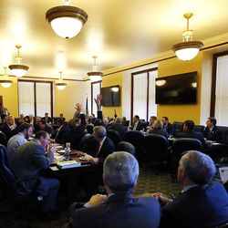 House Majority Whip Francis Gibson, R-Mapleton, speaks during a House Republican caucus meeting at the Capitol in Salt Lake City on Thursday, Jan. 28, 2016. 

