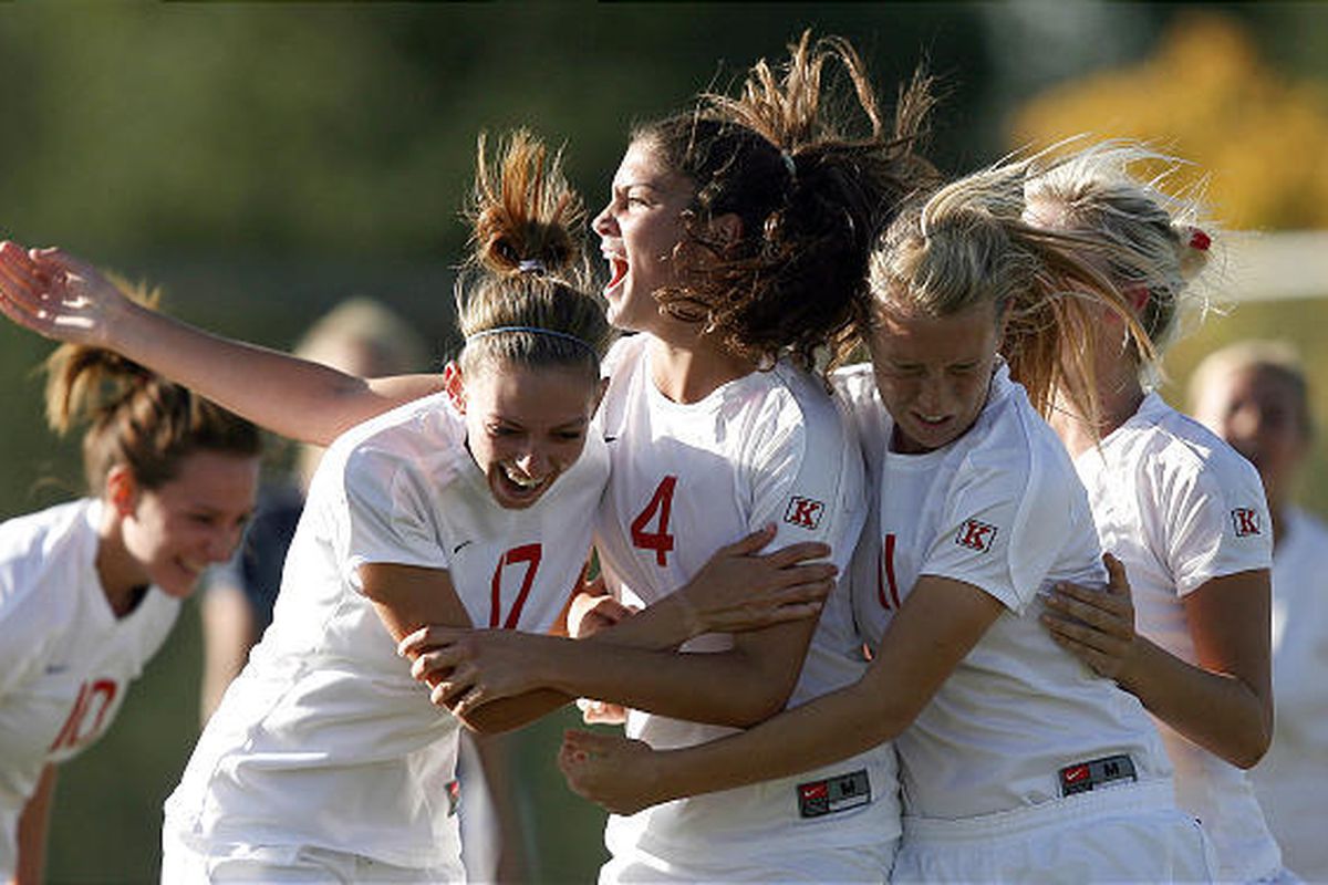 East's Lauren Porter (4) celebrates with her teammates after a goal in the Leopards' win over Bonneville in the 4A quarterfinals on Thursday afternoon.