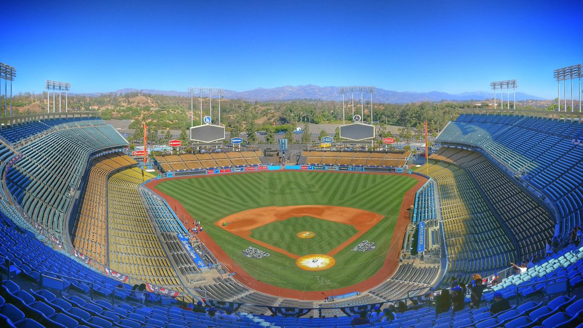 A baseball field from the top seats at Dodger Stadium.
