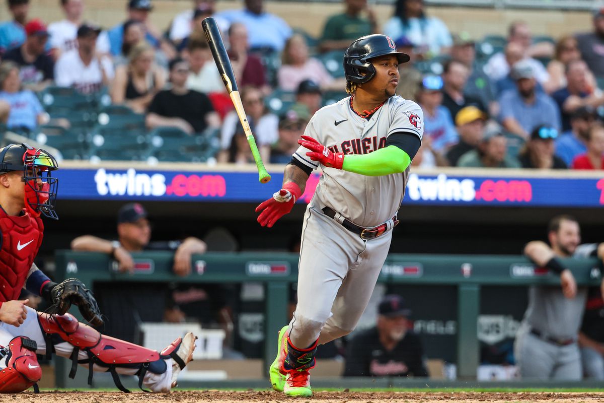 Jose Ramirez of the Cleveland Guardians hits an RBI-single during the sixth inning against the Minnesota Twins at Target Field on June 1, 2023 in Minneapolis, Minnesota. The Twins defeated the Guardians 7-6.