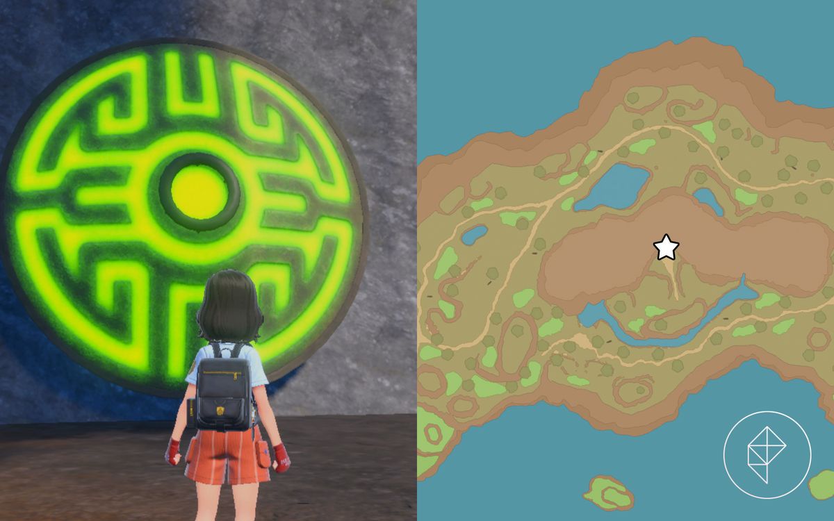 A Pokémon trainer stands in front of a glowing green shrine