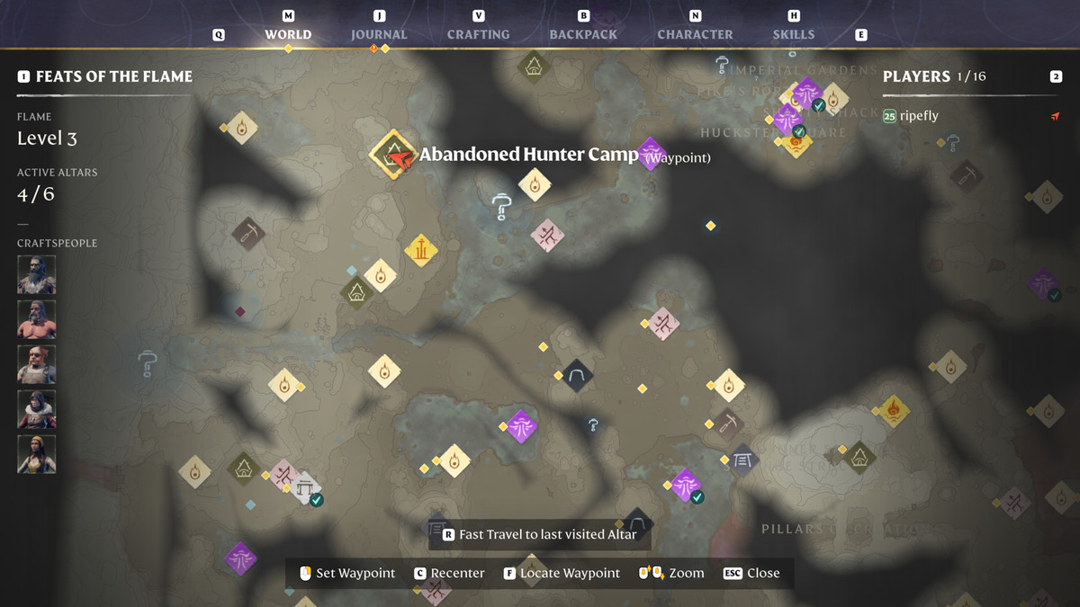 Enshrouded map showing the location of the Abandoned Hunter Camp where you’ll find the hand spindle