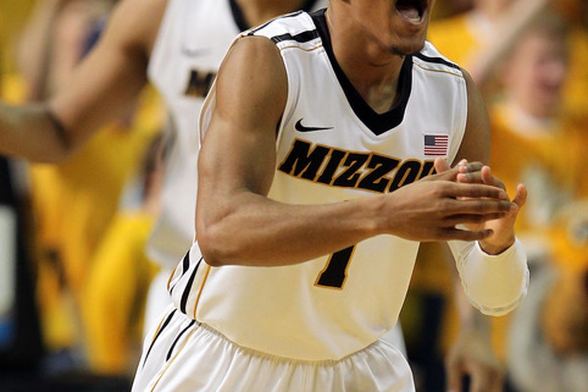 COLUMBIA, MO - FEBRUARY 11:  Phil Pressey #1 of the Missouri Tigers celebrates after scoring during the game against the Baylor Bears on February 11, 2012  at Mizzou Arena in Columbia, Missouri.  (Photo by Jamie Squire/Getty Images)