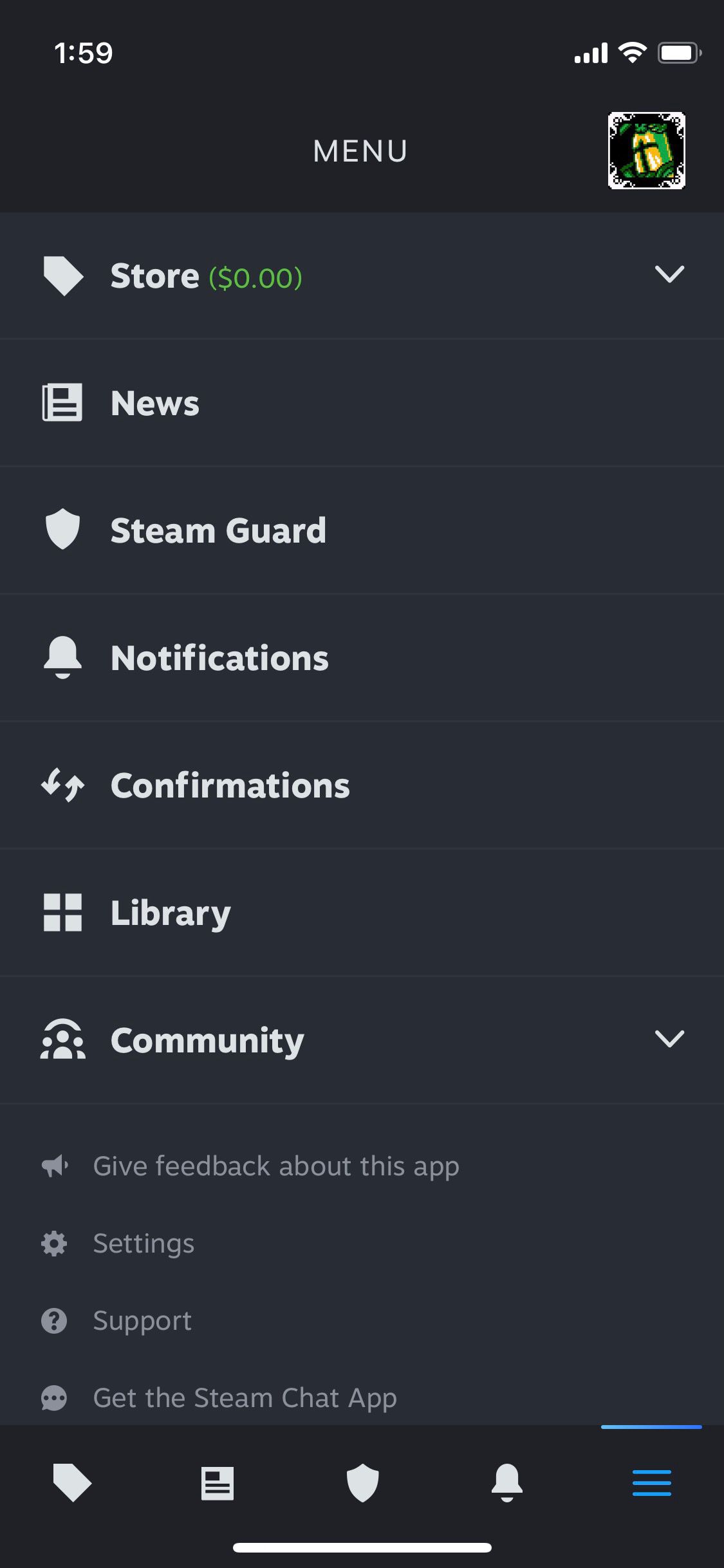 List of several sub-menus in the new Steam app.