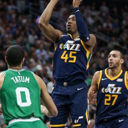 Utah Jazz guard Donovan Mitchell (45) shoots during the game against the Boston Celtics at Vivint Smart Home Arena in Salt Lake City on Wednesday, March 28, 2018.