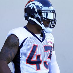 Newly acquired defesive safety T.J. Ward looking good coming out of the locker room.