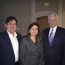 Jay Garcia, left, the managing partner of Small Business Community Capital, poses with his wife, Monika Mantilla, the president and CEO of Altura Capital Group who delivered the keynote address, and Elder D. Todd Christofferson of The Church of Jesus Christ of Latter-day Saints at the Utah Hispanic Chamber of Commerce annual convention in Salt Lake City on Friday, May 20, 2016.