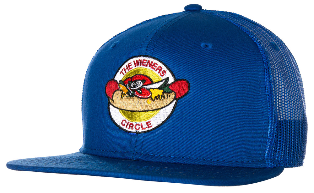 A blue trucker hat with a large Wieners Circle&nbsp;logo on the front.