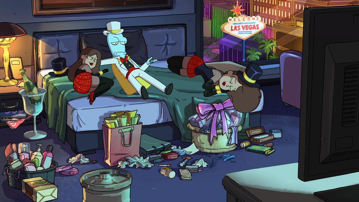 An animated alien in a white suit, top hat, and yellow cape lounges on the bed in a trash-filled Las Vegas hotel room with a couple of showgirls, watching TV.