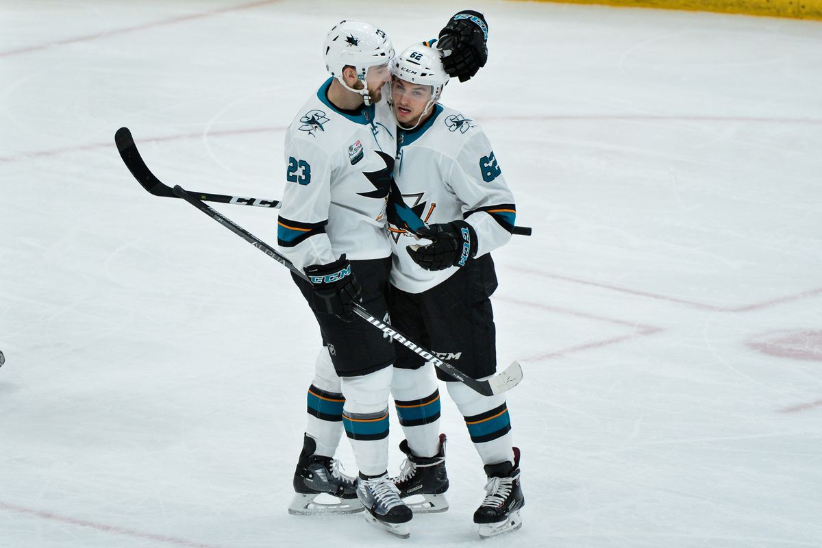 San Jose Sharks right wing Kevin Labanc (62) celebrates with right wing Barclay Goodrow (23) after scoring a goal in the first period against the Arizona Coyotes at Gila River Arena.&nbsp;