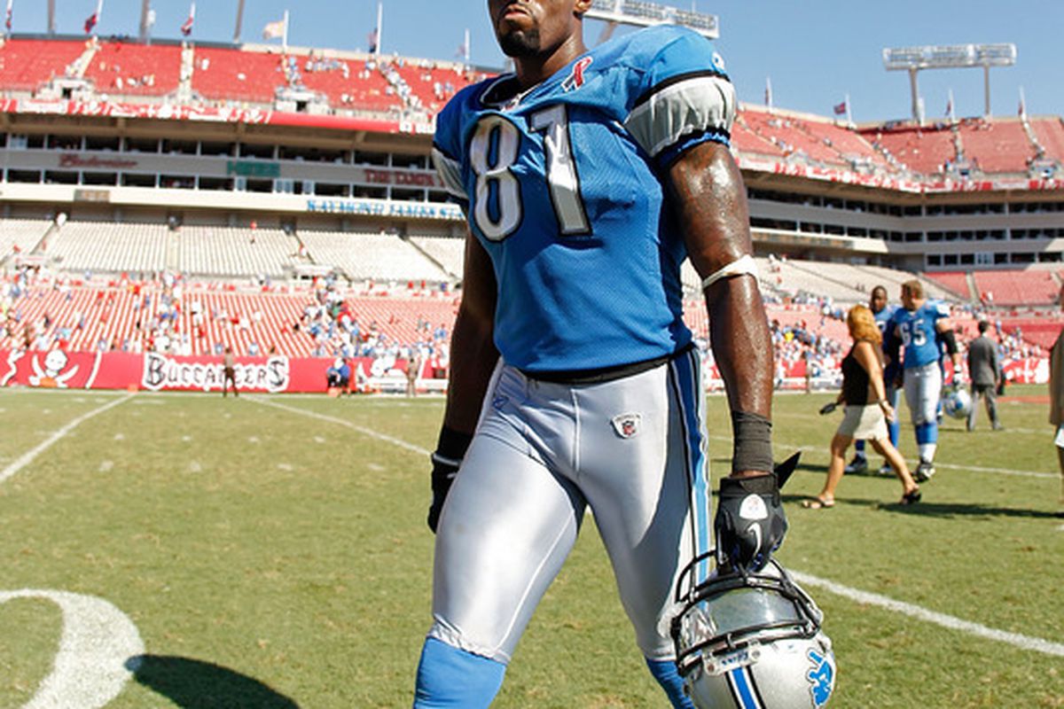 TAMPA, FL - SEPTEMBER 11:   Calvin Johnson #81 of the Detroit Lions walks off the field after beating Tampa Bay Buccaneers in the season opener at Raymond James Stadium on September 11, 2011 in Tampa, Florida.  (Photo by Mike Ehrmann/Getty Images)
