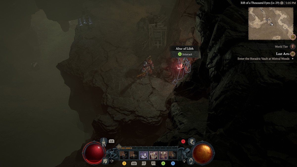 A Barbarian approaches the 6th Altar of Lilith in the Dry Steppes in Diablo 4