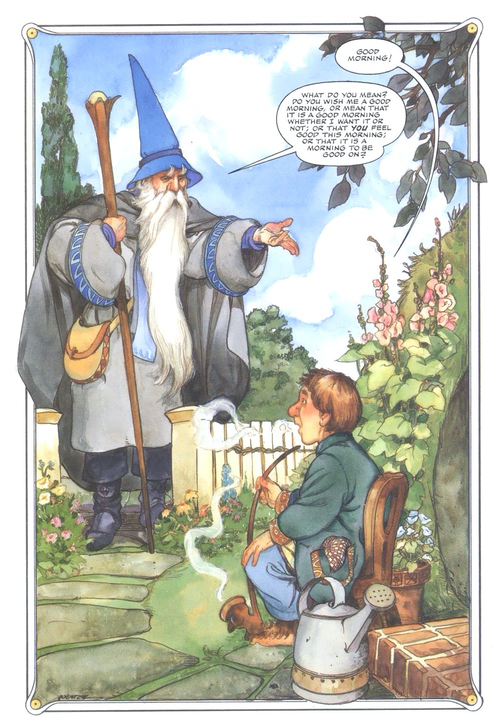Bilbo says good morning to a recalcitrant Gandalf in The Hobbit: An Illustrated Edition of the Fantasy Classic, Eclipse Comics (1989). 