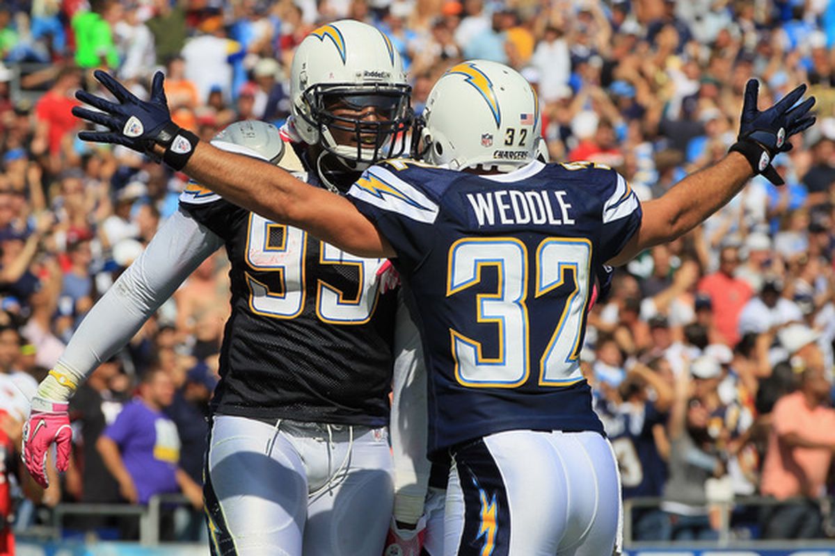 Eric Weddle #32 of the San Diego Chargers celebrates with teammate Shaun Phillips #95 that they are no longer the only good players on the defense.  (Photo by Jeff Gross/Getty Images)