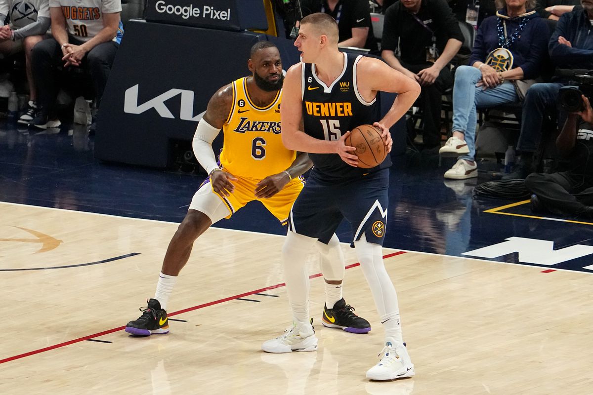 DENVER, CO - MAY 18: Nikola Jokic #15 of the Denver Nuggets handles the ball during Game 2 of the 2023 NBA Playoffs Western Conference Finals on May 18, 2023 at the Ball Arena in Denver, Colorado.
