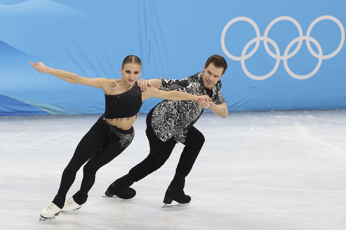 Victoria Sinitsina and Nikita Katsalapov of Russia skate in the Ice Dance Rhythm Dance Team Event during the Beijing 2022 Winter Olympic Games at Capital Indoor Stadium on February 04, 2022 in Beijing, China.
