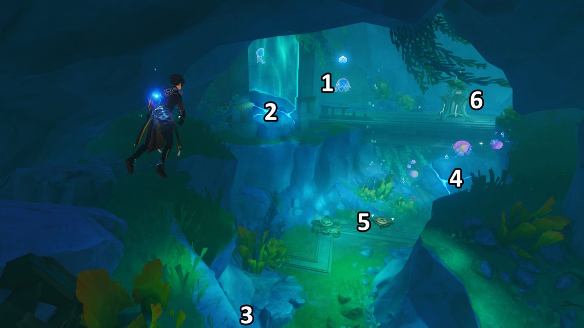 A Genshin Impact character walks into a cave with a bunch of blue plants and lights.