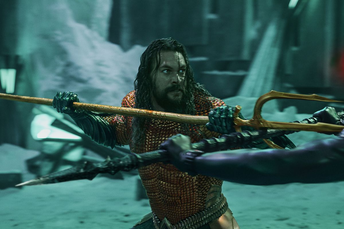 Aquaman fights Black Manta with a trident but looks a little exhausted in The Lost Kingdom