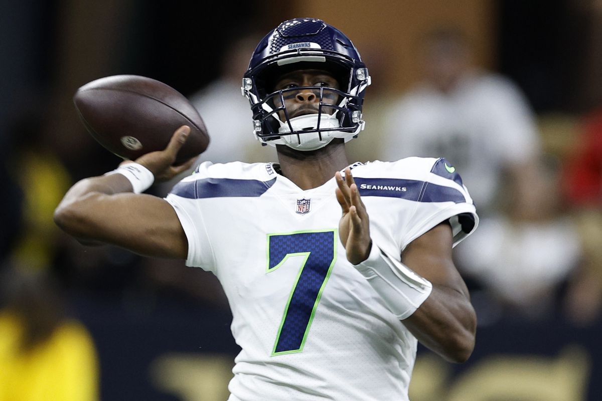 Geno Smith #7 of the Seattle Seahawks looks on during the game against the New Orleans Saints at Caesars Superdome on October 09, 2022 in New Orleans, Louisiana.