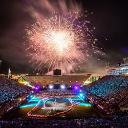 Fireworks explode over LaVell Edwards Stadium in Provo during the Stadium of Fire on Wednesday, July 4, 2018.
