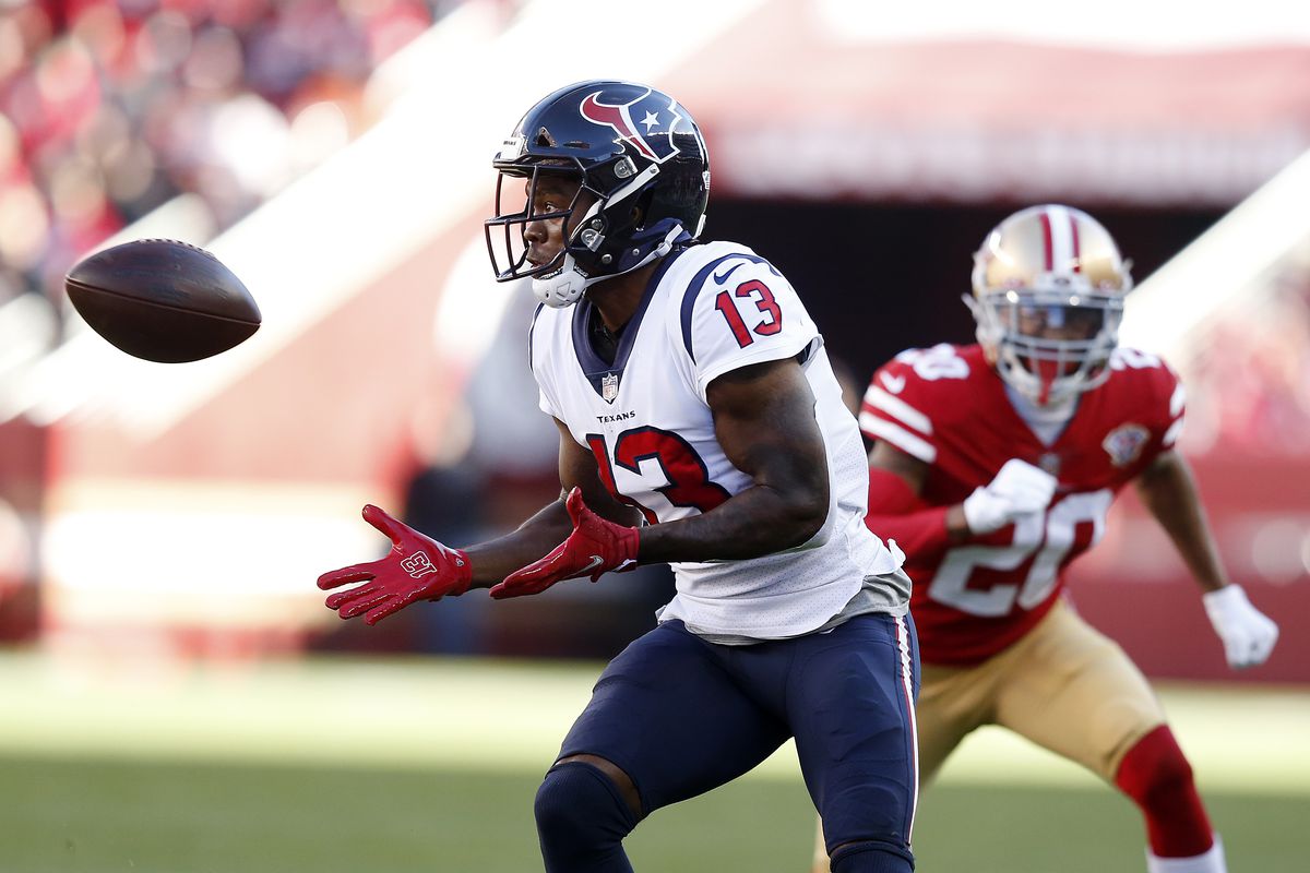 Brandin Cooks #13 of the Houston Texans catches the ball in the second quarter of the game against the San Francisco 49ers at Levi’s Stadium on January 02, 2022 in Santa Clara, California.