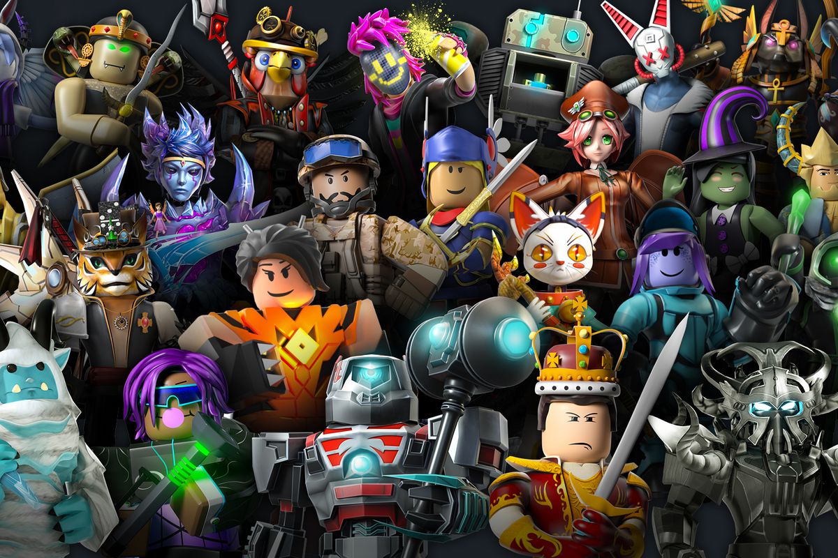 A large number of colorful Roblox avatars on a black background