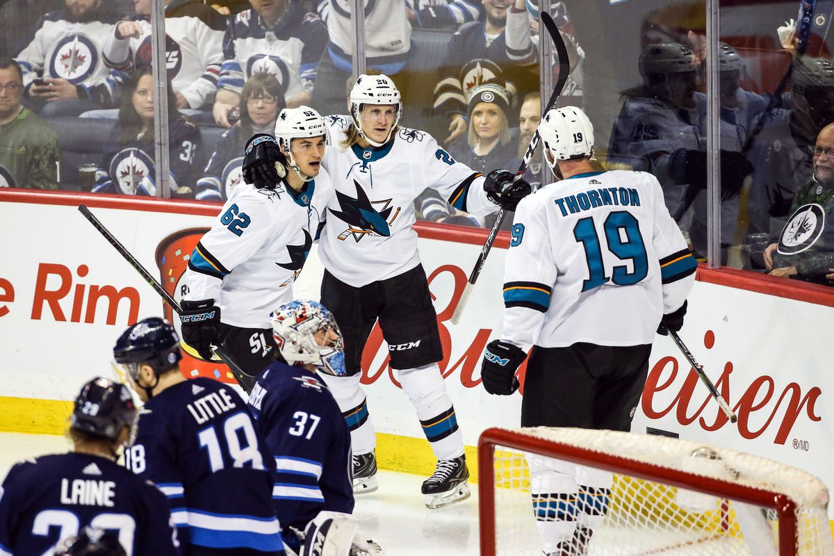 San Jose Sharks forward Marcus Sorensen (20) is congratulated by his team mates on his goal against the Winnipeg Jets during the third period at Bell MTS Place.