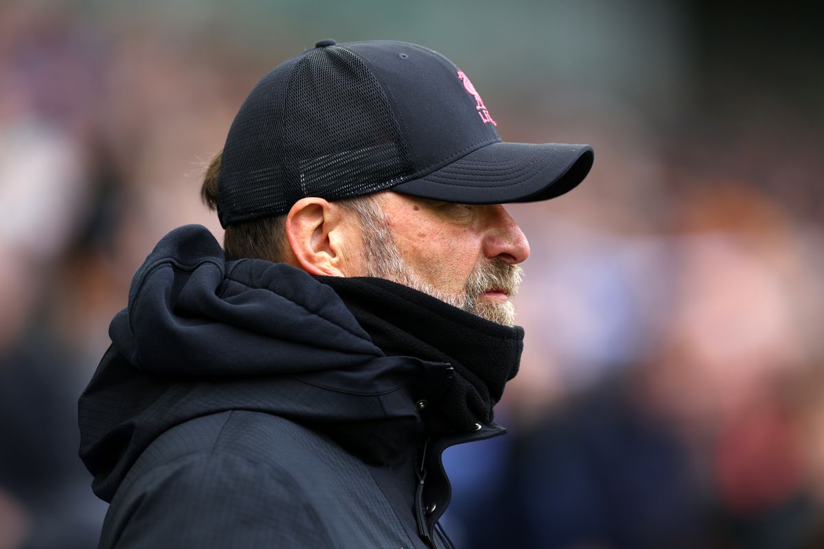 Jürgen Klopp, Manager of Liverpool, looks on prior to the Emirates FA Cup Fourth Round match between Brighton &amp; Hove Albion and Liverpool FC at Amex Stadium on January 29, 2023 in Brighton, England