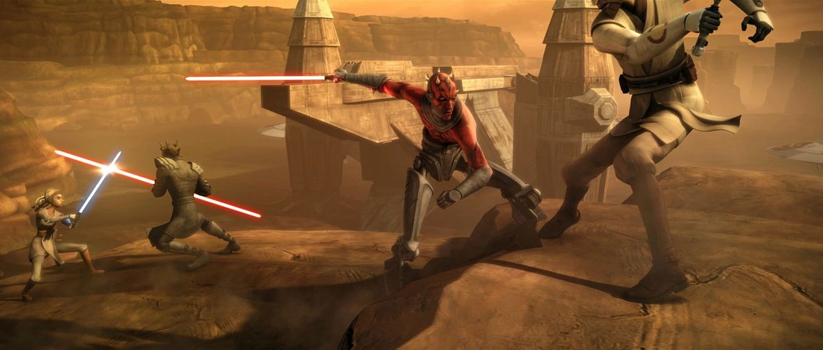 darth maul and his brother duel jedi on a cliff