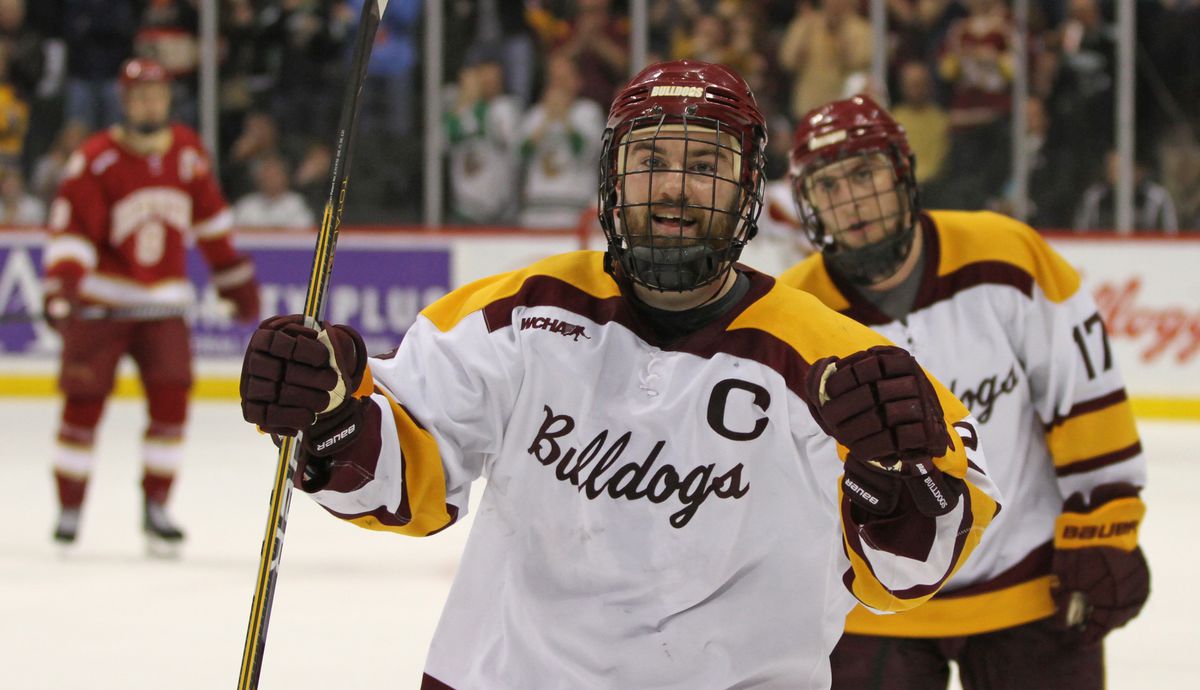 WCHA Frozen Five Semi-Finals, University of Minnesota Duluth vs. Denver, Xcel Center, 3/16/12. (center) UMD’s Jack Connolly celebrated his third period goal that tied the game with Denver.] Bruce Bisping/Star Tribune, bbisping@startribune.com Jack Co
