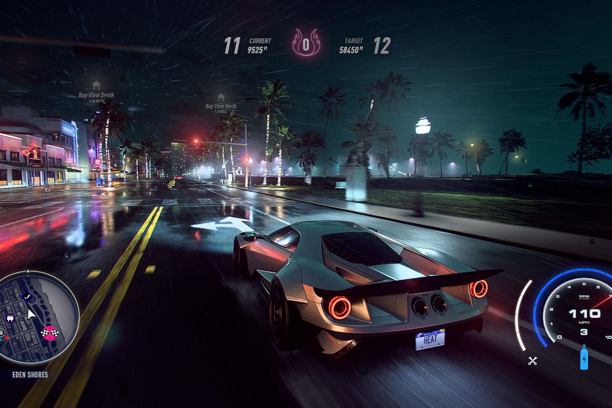 In-game shot of a high-performance racing car mowing down wet city streets in Need For Speed Heat