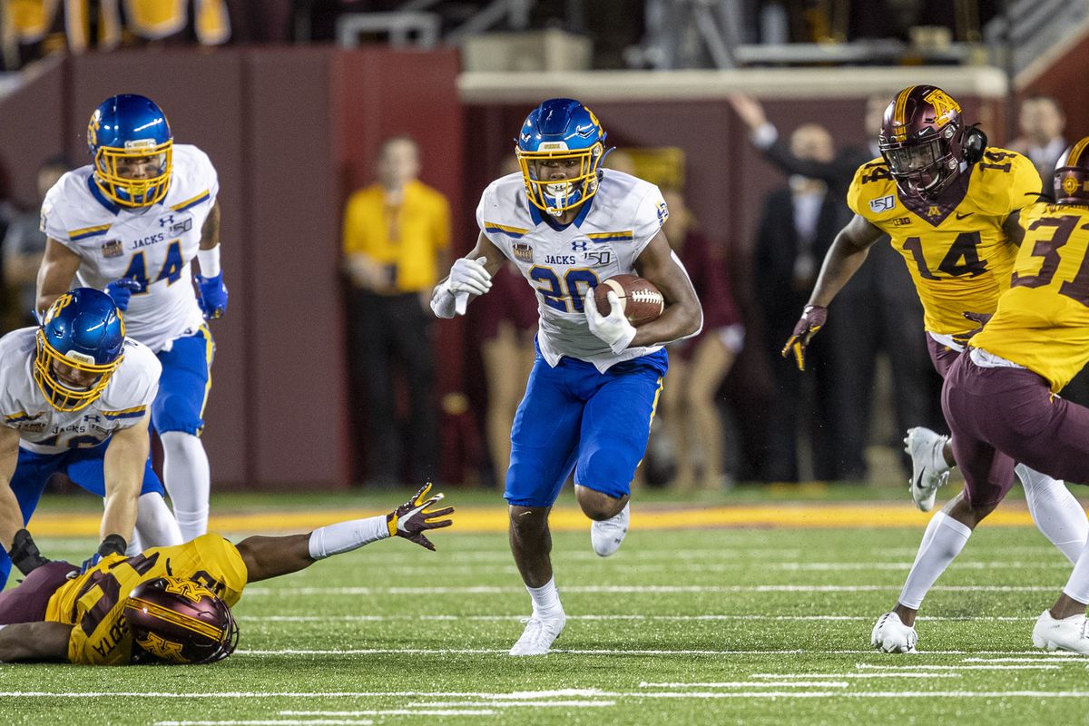 South Dakota State Jackrabbits running back Pierre Strong Jr. runs a kickoff back to midfield during the fourth quarter against the Minnesota Golden Gophers at TCF Bank Stadium.