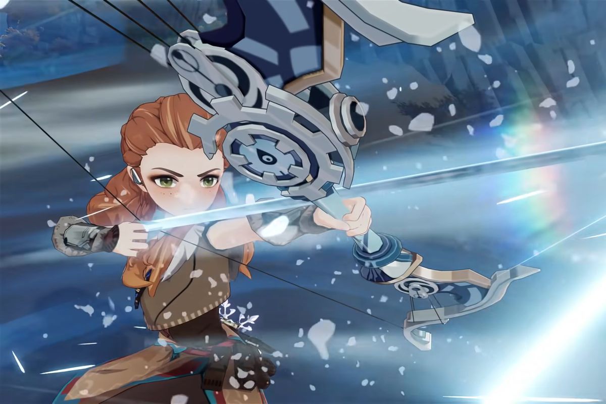 Aloy in Genshin Impact winding up to fire off an icy arrow