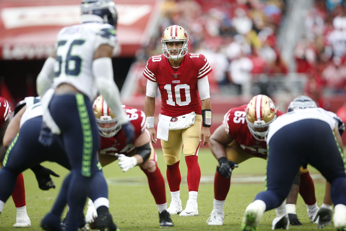 Jimmy Garoppolo #10 of the San Francisco 49ers lines up before the snap during the game against the Seattle Seahawks at Levi’s Stadium on September 18, 2022 in Santa Clara, California. The 49ers defeated the Seahawks 27-7.