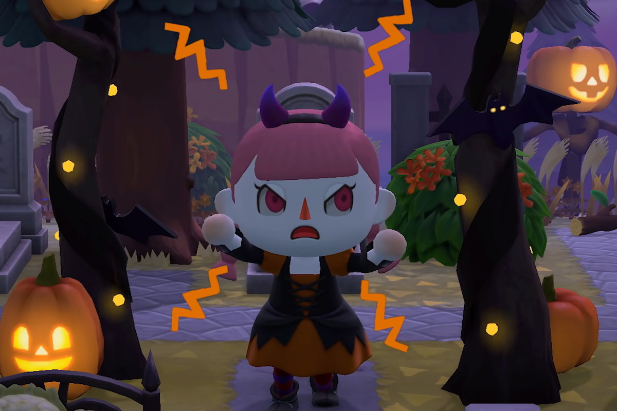 In a graveyard, a character with pink hair and devil horns scares people