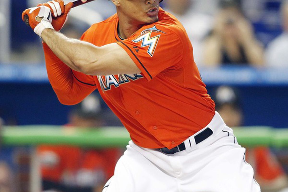 April 1, 2012; Miami, FL, USA; Miami Marlins right fielder Giancarlo Stanton (27) at bat during a game against the New York Yankees at Marlins Park. Mandatory Credit: Robert Mayer-US PRESSWIRE
