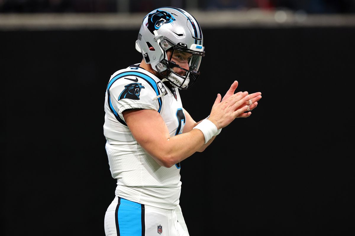 Baker Mayfield #6 of the Carolina Panthers warms up against the Atlanta Falcons at Mercedes-Benz Stadium on October 30, 2022 in Atlanta, Georgia.