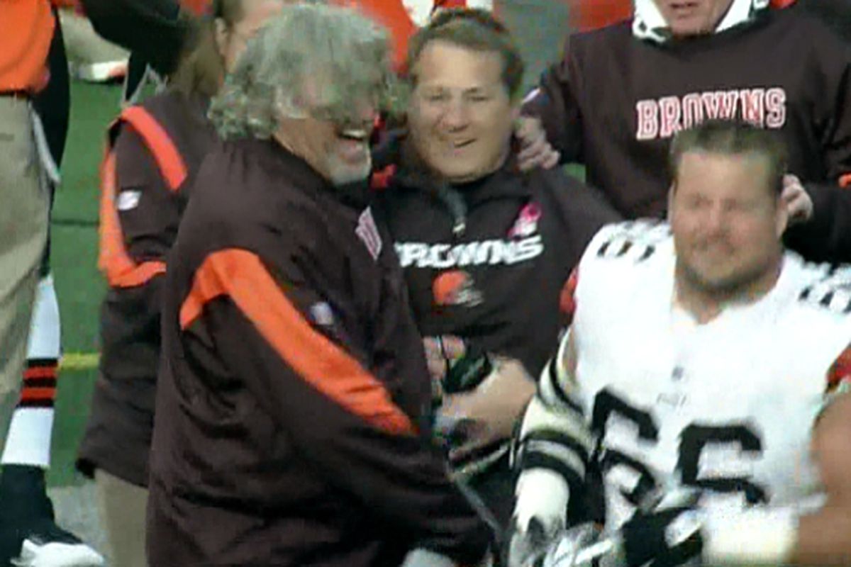 Head coach Eric Mangini and defensive coordinator Rob Ryan celebrate the Cleveland Browns' first victory of the season.