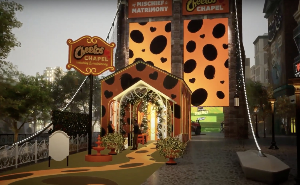 A rendering of the Chip Strip on the Las Vegas Strip shows a Cheetohs-themed chapel.
