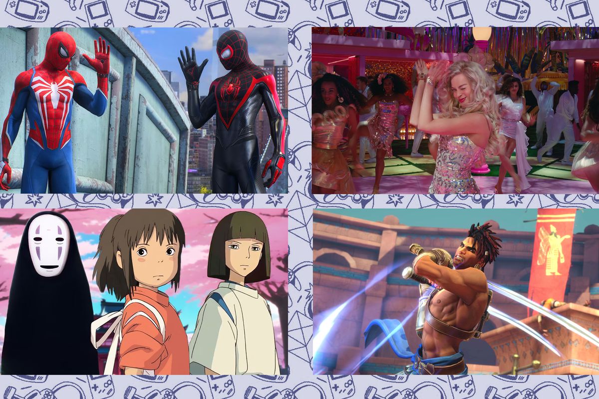 An image consisting of four sections, each highlighting a piece of media included in a sale. On the top left is Marvel’s Spider-Man 2, with Barbie to its right. Below, Spirited Away sits on the left and a still from Prince of Persia: The Lost Crown is to the right.