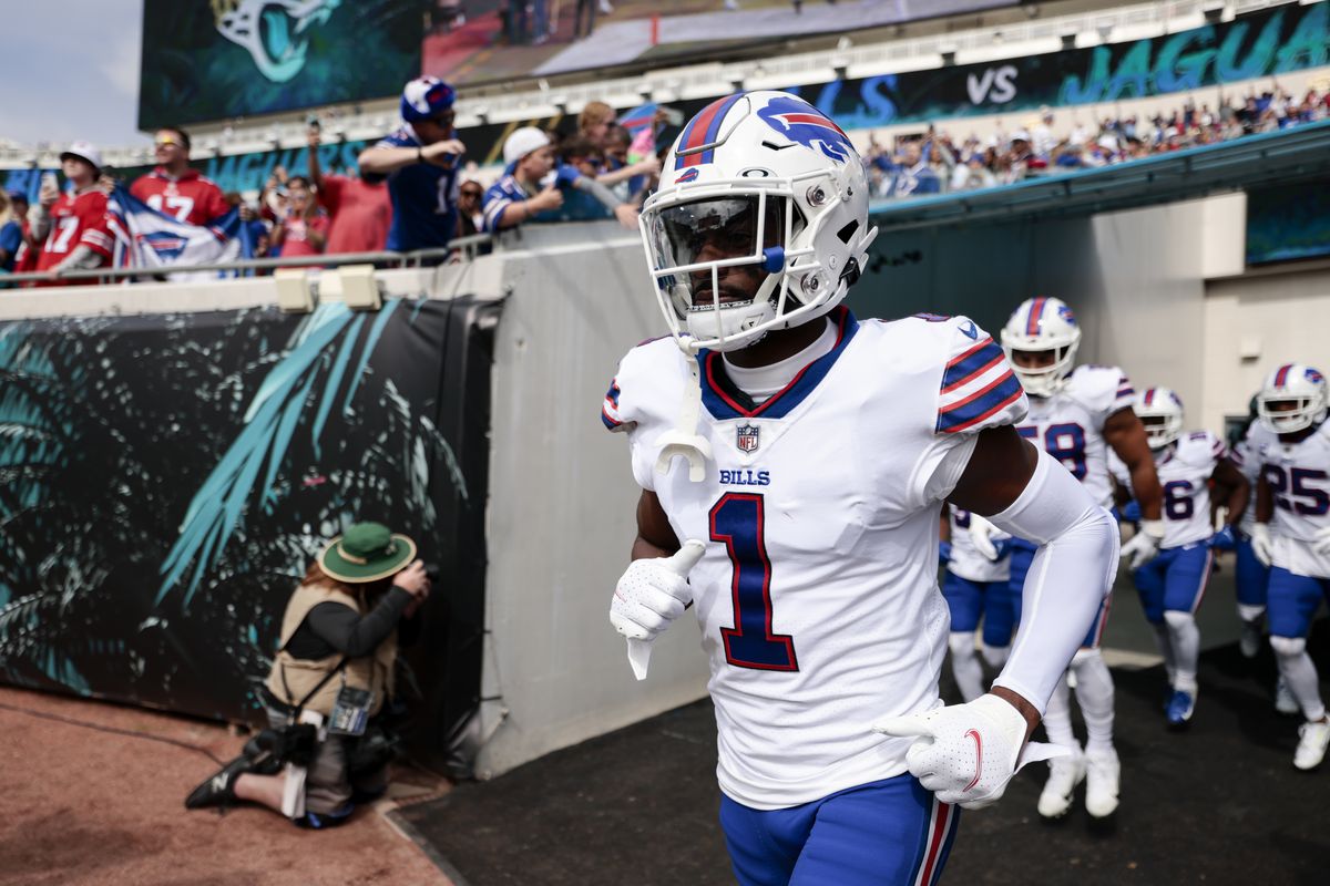 Emmanuel Sanders #1 of the Buffalo Bills enters the field prior to the game against the Jacksonville Jaguars at TIAA Bank Field on November 07, 2021 in Jacksonville, Florida.